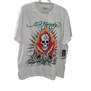 Ed Hardy Men’s XL Skull 13 “Free Forever” White Tee Y2K NWT